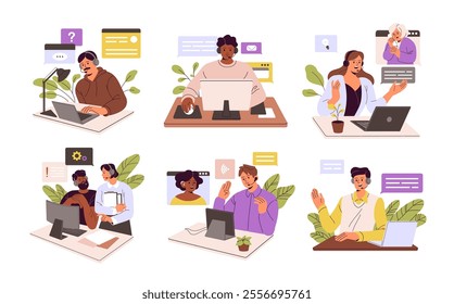 Operators of call center concept set. Workers of helpdesk, hotline in headphones help clients. Technical support service communicates with customers. Flat isolated vector illustrations on white