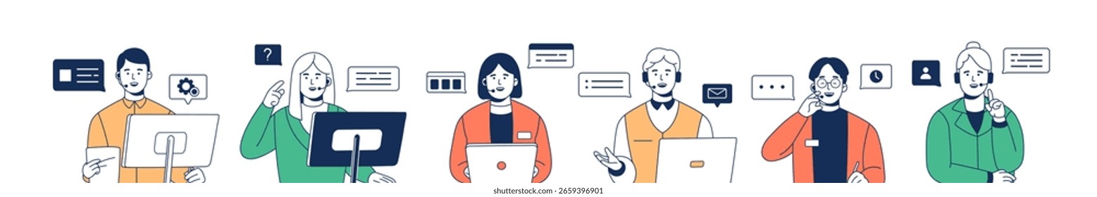 Operadores del conjunto de centro de llamadas. Servicio de Asistencia técnica y ayuda. Los trabajadores de la línea directa, mesa de ayuda se comunican con los clientes por auriculares. Ilustraciones vectoriales de contorno aisladas planas sobre fondo blanco
