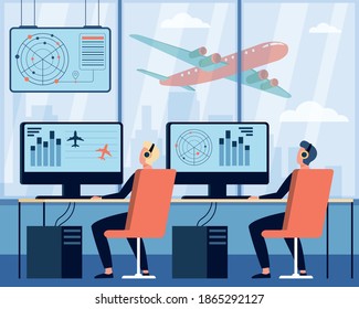 Operators Controlling Aircraft Flat Vector Illustration. Cartoon Characters Sitting In Airport Command Room. Flight Control Center And International Transportation Concept