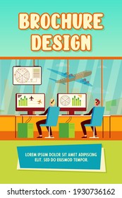 Operators controlling aircraft flat vector illustration. Cartoon characters sitting in airport command room. Flight control center and international transportation concept