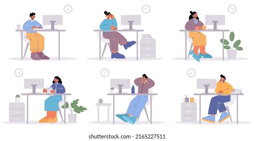 Operators of customer support service in office. Vector flat illustration of call center workers at desk with computer. People in headsets on workplace isolated on white background