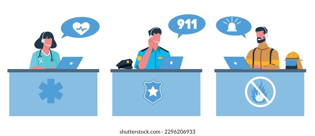 Operators of emergency services, ambulance, police and fire department. People sitting at table in headphones. Call center, online hotline support. Cartoon flat style isolated vector set