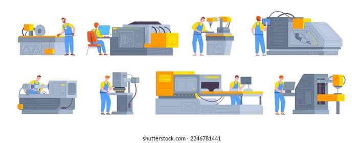 Operators at factory machines. Worker automatic production machine detail, manufacturing assembly workplace efficient mechanic plant engineer work, vector illustration of operator factory production