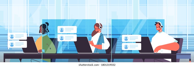 operators with headset chatting with clients call center agents working in office customer support service concept horizontal portrait vector illustration