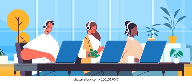 operators with headset chatting with clients call center agents working in office customer support service concept horizontal portrait vector illustration