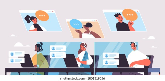 operators with headset chatting with clients call center agents working in office customer support service concept horizontal portrait vector illustration