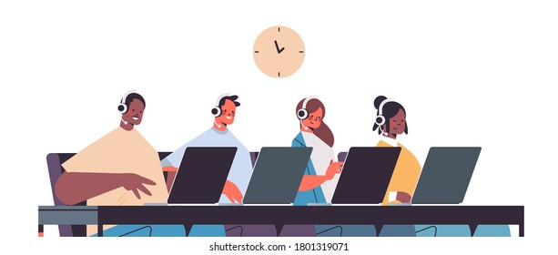 operators with headset chatting with clients call center agents working in office customer support service concept horizontal portrait vector illustration