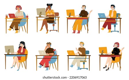Operators in headset working in call center, customer support service. Diverse people sitting at tables in helpdesk isolated on white background, vector flat illustration