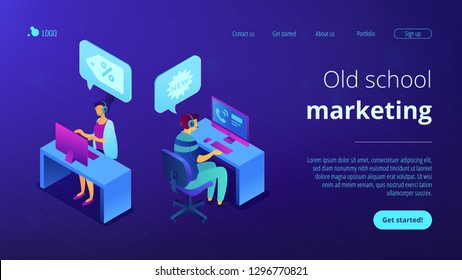 Operators with headsets calling potential customers to support or make a sale. Cold calling, old school marketing, telemarketing sales concept. Isometric 3D website app landing web page template