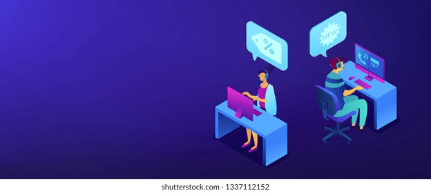 Operators With Headsets Calling Potential Customers To Support Or Make A Sale. Cold Calling, Old School Marketing, Telemarketing Sales Concept. Isometric 3D Banner Header Template Copy Space.