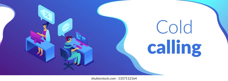 Operators with headsets calling potential customers to support or make a sale. Cold calling, old school marketing, telemarketing sales concept. Isometric 3D banner header template copy space.