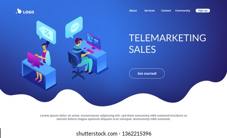 Operators with headsets calling potential customers to support or make a sale. Cold calling, old school marketing, telemarketing sales concept. Isometric 3D website app landing web page template