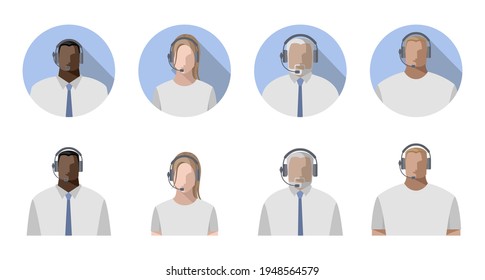 Operators men and women online, wearing headphones with a microphone, headset. Call center concept or support service, streamers, bloggers. Color avatars, isolated vector illustrations