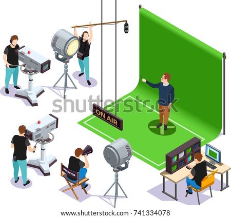 Operators shooting actor on green background and director giving instructions cinematograph isometric composition 3d vector illustration