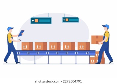 Operators team checking quality of products on conveyor belt, warehouse concept.