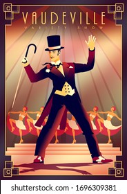 Der Operettenschauspieler und die Mädchen aus dem Corps de Ballet im Hintergrund treten auf der Bühne in einer Musikshow auf. Einladungskarte für die Retro-Party. Handgefertigte Zeichnung Vektorillustration Illustration. Art-Deco-Stil.