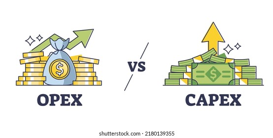 Opex vs capex expenditure comparison as strategy difference outline diagram. Labeled educational capital and operational money spending types as company accounting payment division vector illustration