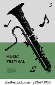 Ophicleida. Afiche del festival de música. Instrumentos musicales eólicos. Competencia. Un conjunto de ilustraciones vectoriales. Diseño minimalista. Cartel, volante, portada, impresión.