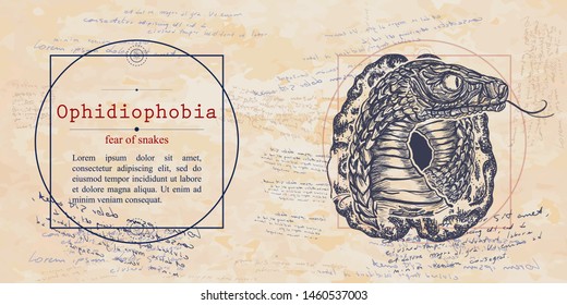 Ophidiophobia. Fear of snakes phobia. Psychological vector illustration. Psychotherapy and psychiatry. Medieval medicine manuscript 