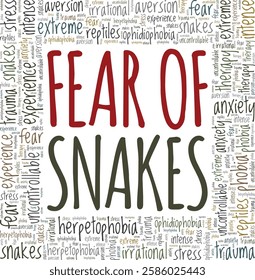 Ophidiophobia: Fear of Snakes word cloud conceptual design isolated on white background.