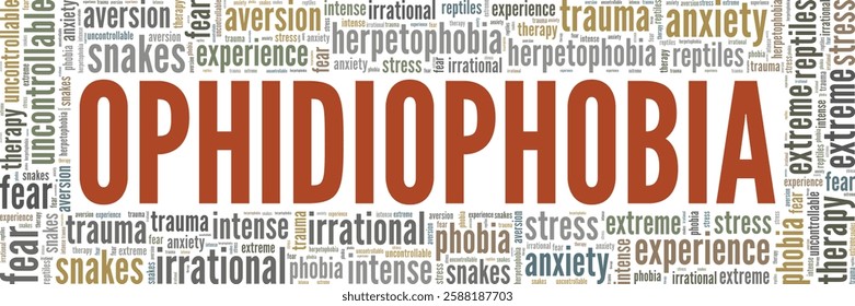 Ophidiophobia: Fear of Snakes word cloud conceptual design isolated on white background.