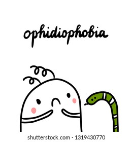 Ophidiophobia hand drawn illustration with cute marshmallow and snake