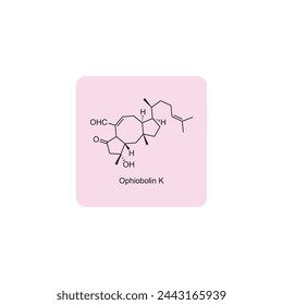 Ophiobolin K skeletal structure diagram.Sesterterpene compound molecule scientific illustration on pink background.