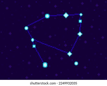 Ophiuchus constellation in pixel art style. 8-bit stars in the night sky in retro video game style. Cluster of stars and galaxies. Design for applications, banners and posters. Vector illustration