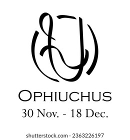 Ophiuchus with name and dates. New horoscope with 13 zodiac signs. From November 30 to December 18. Astrology, fortune telling, constellation, stars, ascendant. Casual style with black strokes