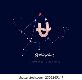 Ophiuchus thirteen zodiac sign with constellation and handlettering isolated on dark background. Vector illustration EPS 10.