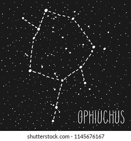 Ophiuchus, thirteenth hand drawn Zodiac sign constellation in white over black starry night sky. Vector graphics astrology illustration. Western horoscope mystic symbol.