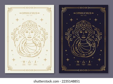 Ophiuchus zodiac horoscope golden signs on dark navy and white cards set. Stylized thirteenth symbol of esoteric, zodiacal astrological calendar, horoscope constellation thin line vector illustration