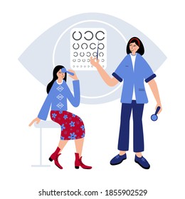 Ophtalmologist checks up woman's eyesight. Doctor helps woman to fix her eyesight. Ophthalmologist checks patient sight. Optical eyes test.