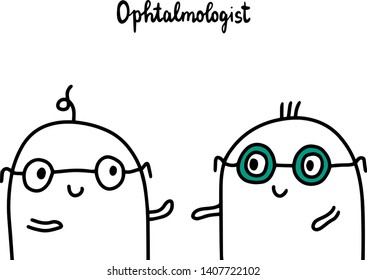 Ophtalmologist hand drawn vector illustration in cartoon style. Two men in glasses