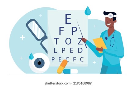 Ophtalmologist at work. Doctor checks patients vision. Medical poster or banner. Eye assessment, biology and anatomy. Hospital and clinic. Practicing optometrist. Cartoon flat vector illustration