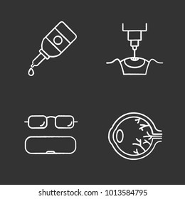 Ophtalmology chalk icons set. Eye drops, laser surgery, eyeglasses case, sore eye. Isolated vector chalkboard illustrations