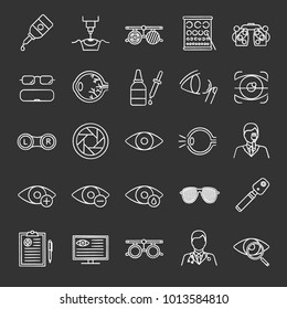 Ophtalmology chalk icons set. Optometry. Vision examination and treatment equipment. Isolated vector chalkboard illustrations