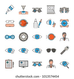 Ophtalmology color icons set. Optometry. Vision examination and treatment equipment. Isolated vector illustrations