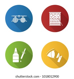 Ophtalmology flat design long shadow glyph icons set. Exam glasses, Landolt chart, eye drops and dropper, contact lens. Vector silhouette illustration