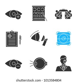 Ophtalmology glyph icons set. Hyperopia, Landolt chart, phoropter, medical report, contact lenses, retina scan, myopia, eye anatomy, ophthalmologist. Silhouette symbols. Vector isolated illustration