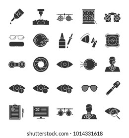 Ophtalmology glyph icons set. Optometry. Vision examination and treatment equipment. Silhouette symbols. Vector isolated illustration