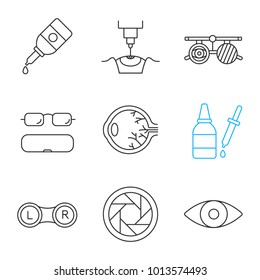 Ophtalmology linear icons set. Eye drops and dropper, laser surgery, exam glasses, spectacles case, lens box, diaphragm, eyesight. Thin line contour symbols. Isolated vector outline illustrations