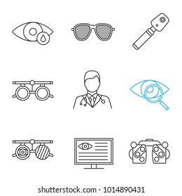 Ophtalmology linear icons set. Eye drops, pinhole glasses, ophthalmoscope, computer diagnostics, vision test, doctor, exam glasses. Thin line contour symbols. Isolated vector outline illustrations