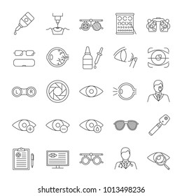 Ophtalmology linear icons set. Optometry. Vision examination and treatment equipment. Thin line contour symbols. Isolated vector outline illustrations. Editable stroke