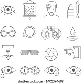 Ophtalmology linear icons set. Optometry. Vision examination and treatment equipment. Thin line contour symbols. Isolated vector outline illustrations. Editable stroke - Vector