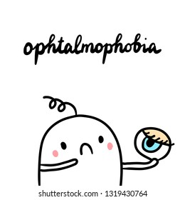 Ophtalmophobia hand drawn illustration with cute marshmallow holding an eye