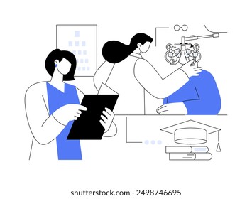 Ophthalmic assistant isolated cartoon vector illustrations. Young student girl checks the patients eyesight, become an ophthalmic, future doctor, associate degree in medicine vector cartoon.