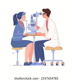 Ophthalmic equipment, slit lamp. Diagnosis of vision and eye diseases. Appointment and consultation with ophthalmologist. Vector characters flat cartoon illustration.
