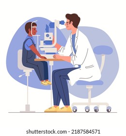 Ophthalmic equipment, slit lamp. Diagnosis of vision and eye diseases of child. Appointment and consultation with ophthalmologist. Vector characters flat cartoon illustration.
