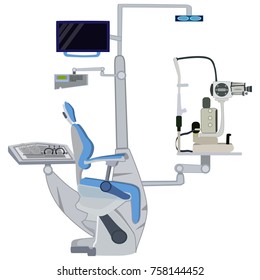 Ophthalmic equipment vector illustration isolated on white background. Exam chair and stand accessories. Flat style design.